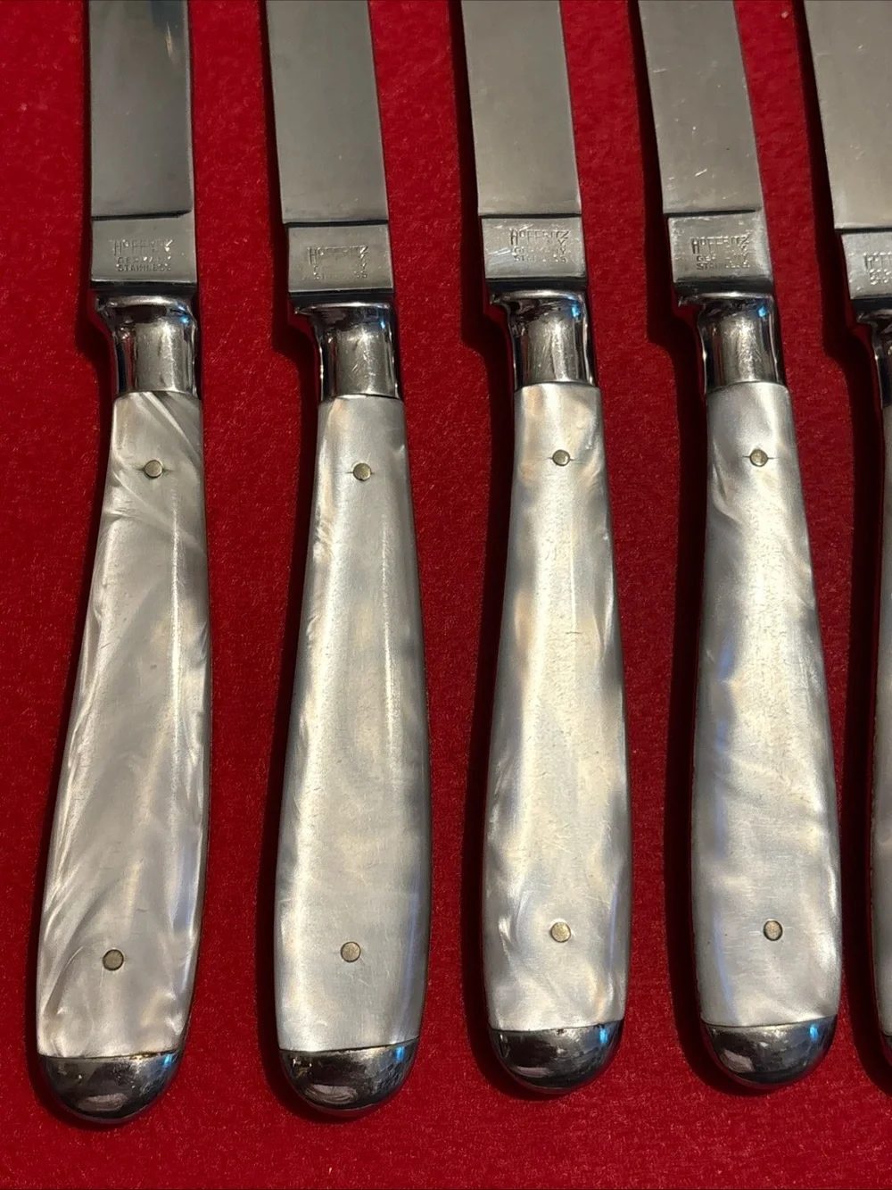 Unique Vintage Pearl-Effect Handle Steak Knives with Silver Blades , Germany